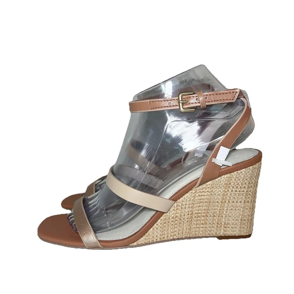 Sanctuary *NEW* Women's 8 Wink Nude Metallic Raffia Wedge Heel Leather Sandals